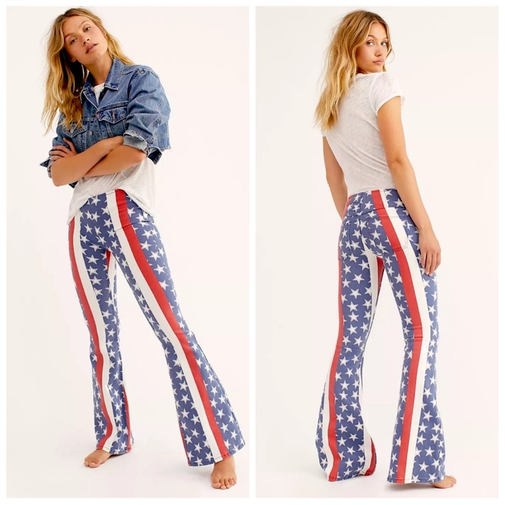 NWT Free People Penny Pull-On Flare Pant American Flag VTG look Bell bottoms ☮️